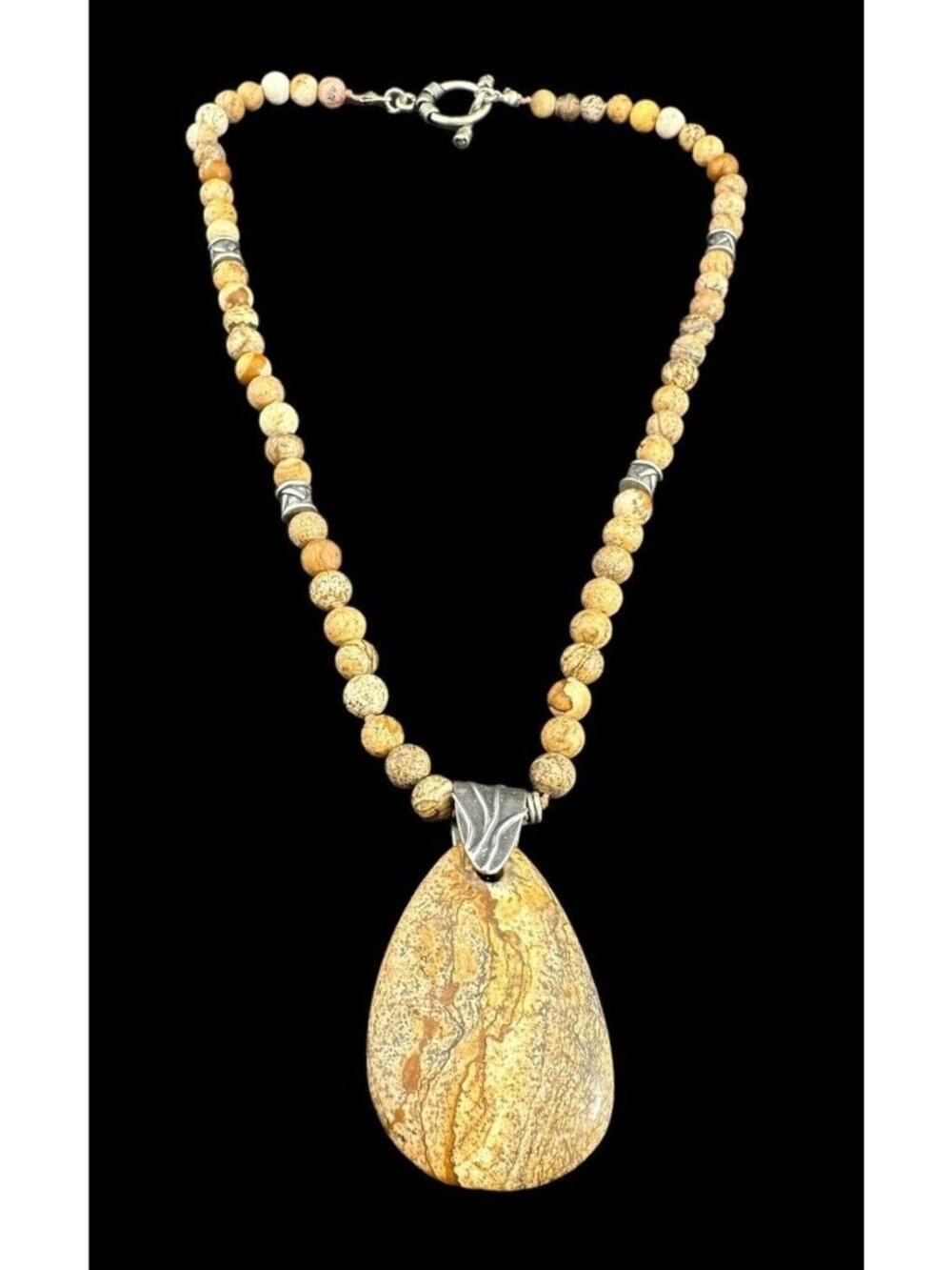 Necklace Signed Joshua Benassat 925 JBB Jasper Beaded Dangle Pendant Toggle